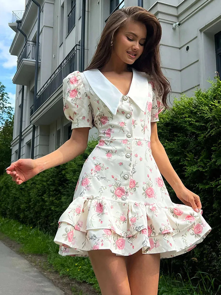 Flower Printed Lapel Mini Dress Women Casual Daily Short Sleeved V Neck A-Line Fluffy Short Vestido 2025 New Summer Holiday Robe