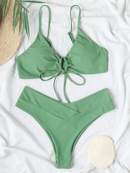 New High Elastic Bikini Set For 2025 Summer Two Pieces Solid Color Lace-Up Sexy Women Swimsuit Beach Bathing Suit Swimwear