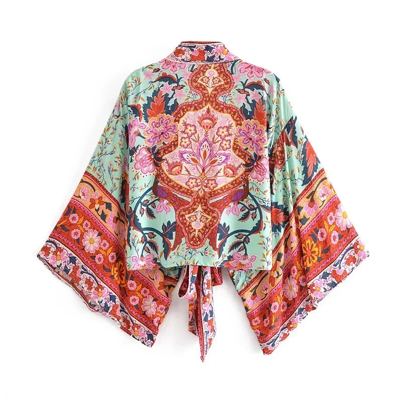 Happie Queens Floral Print Sashes Short  Kimono Women Fashion V Neck Batwing Sleeves Robe Lady Boho Bikini Cover-Ups
