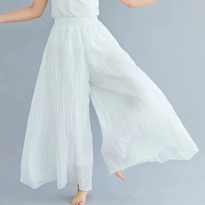 2024 Sen Women'S Artistic Plus Size Cotton Linen Pants Skirt Elastic Waist Solid Color Ethnic Style Wide Leg Pants Skirt