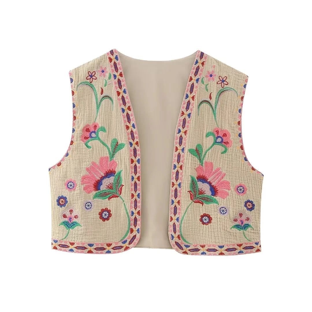 Women Vintage Floral Embroidered Open Waistcoat Ladies National Style Vest Jacket Outfits Casual Vacation Crop Top