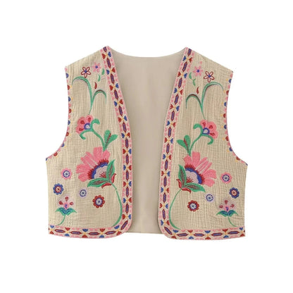 Women Vintage Floral Embroidered Open Waistcoat Ladies National Style Vest Jacket Outfits Casual Vacation Crop Top