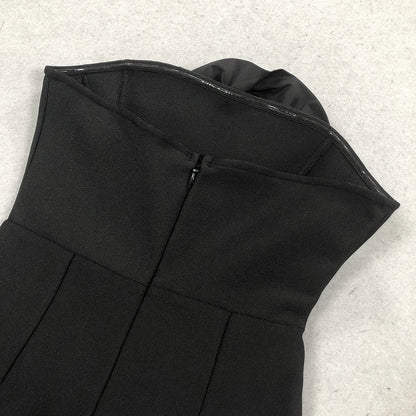 3D Flower Strapless Asymmetric Black Maxi Dress