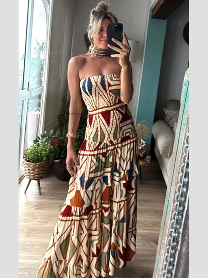 Fashion Printed Layered Curling Edge Patchwork Dresses Chic Full Sleeve Pleated U Neck Gown New Lady Vacation Highstreet Vestido