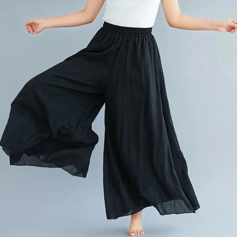 2024 Sen Women'S Artistic Plus Size Cotton Linen Pants Skirt Elastic Waist Solid Color Ethnic Style Wide Leg Pants Skirt