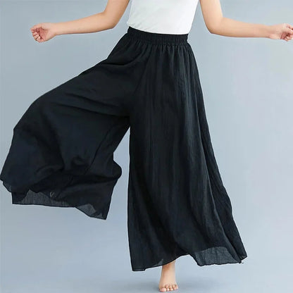 2024 Sen Women'S Artistic Plus Size Cotton Linen Pants Skirt Elastic Waist Solid Color Ethnic Style Wide Leg Pants Skirt
