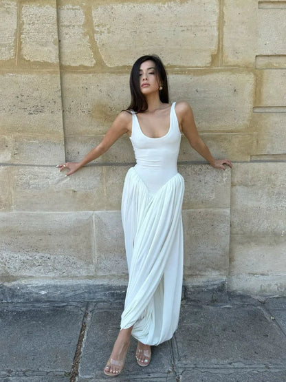 Women Sleeveless High Waist Split Sling Dresses White Elegant U Neck Irregular Pleated Midi Dress Lady Summer Highstreet Robes