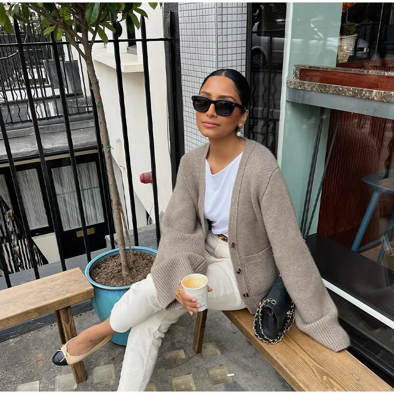 Knit Cardigan Women Autumn Gentle Solid Long Sleeve Single Breasted Female Sweaters V-Neek Pocket All Match Lady Knitwear 2024