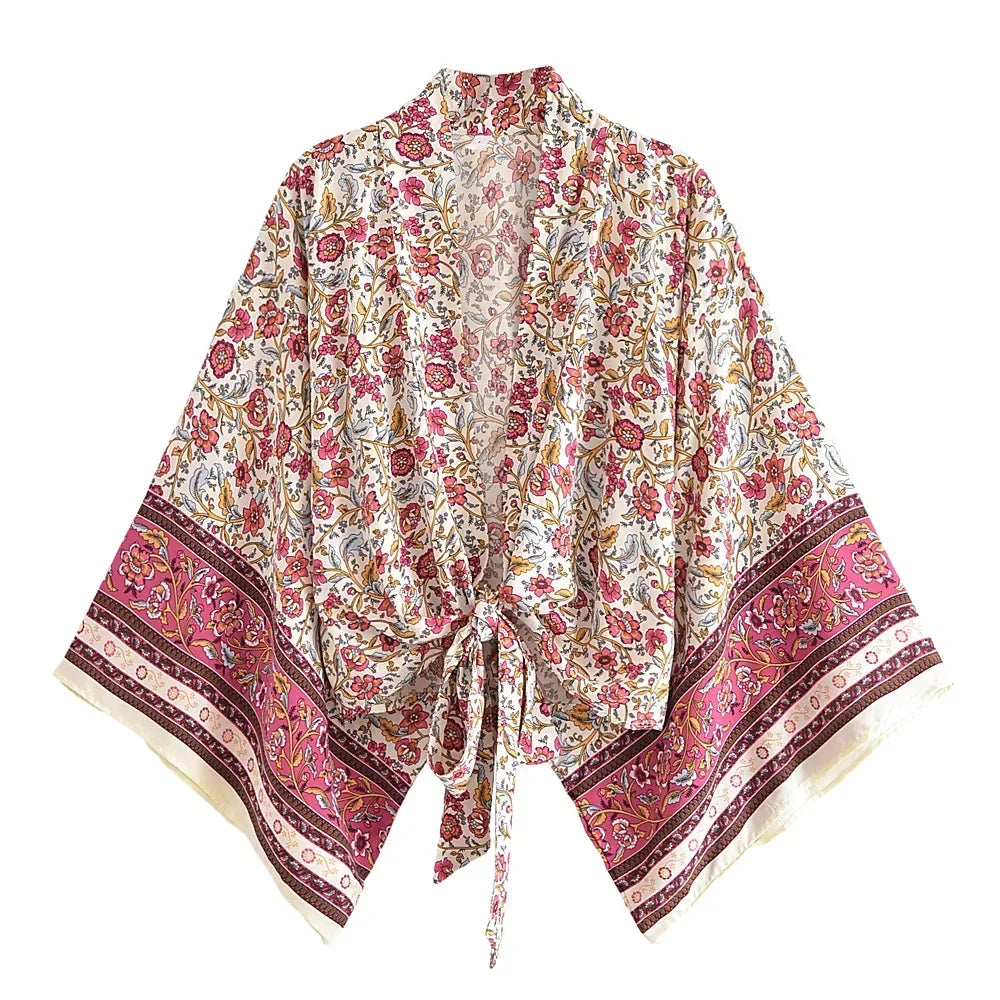 Happie Queens Floral Print Sashes Short  Kimono Women Fashion V Neck Batwing Sleeves Robe Lady Boho Bikini Cover-Ups