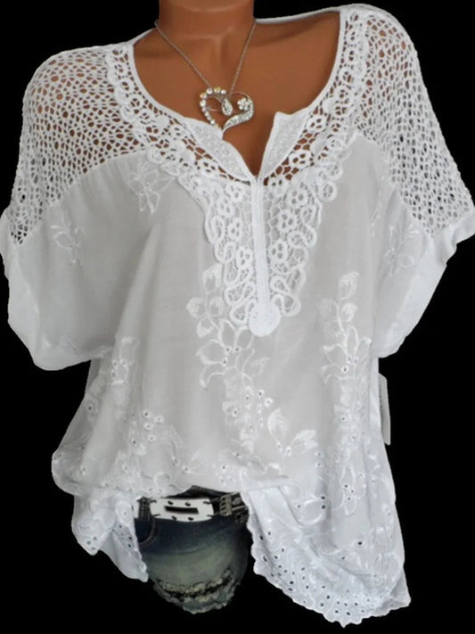 Large Size Loose Short-Sleeved Lace Women Blouses Cotton Blouses 2024 Summer V-Neck White Shirt Tops Sexy Fashion Women Shirt