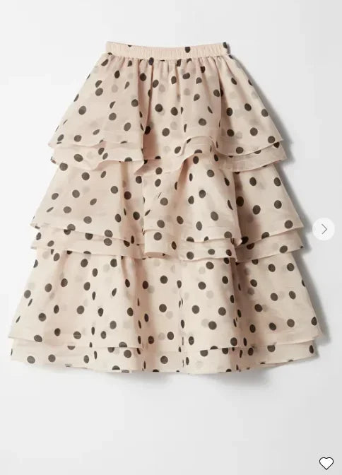 Chic Puffy Layered Ruffles Polka Dot Print Skirt Sets Women Elegant O-Neck Bubble Short Sleeve Tops Suit Lady Evening Partywear