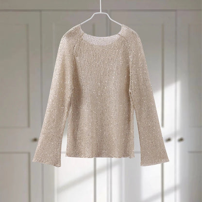 Fashion Women'S Sequins Knit Hollow Out Pullovers Loose O-Neck Long Sleeve Female Sweaters 2025 Spring Lady Shinny Chic Shirts