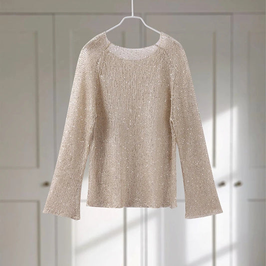 Fashion Women'S Sequins Knit Hollow Out Pullovers Loose O-Neck Long Sleeve Female Sweaters 2025 Spring Lady Shinny Chic Shirts