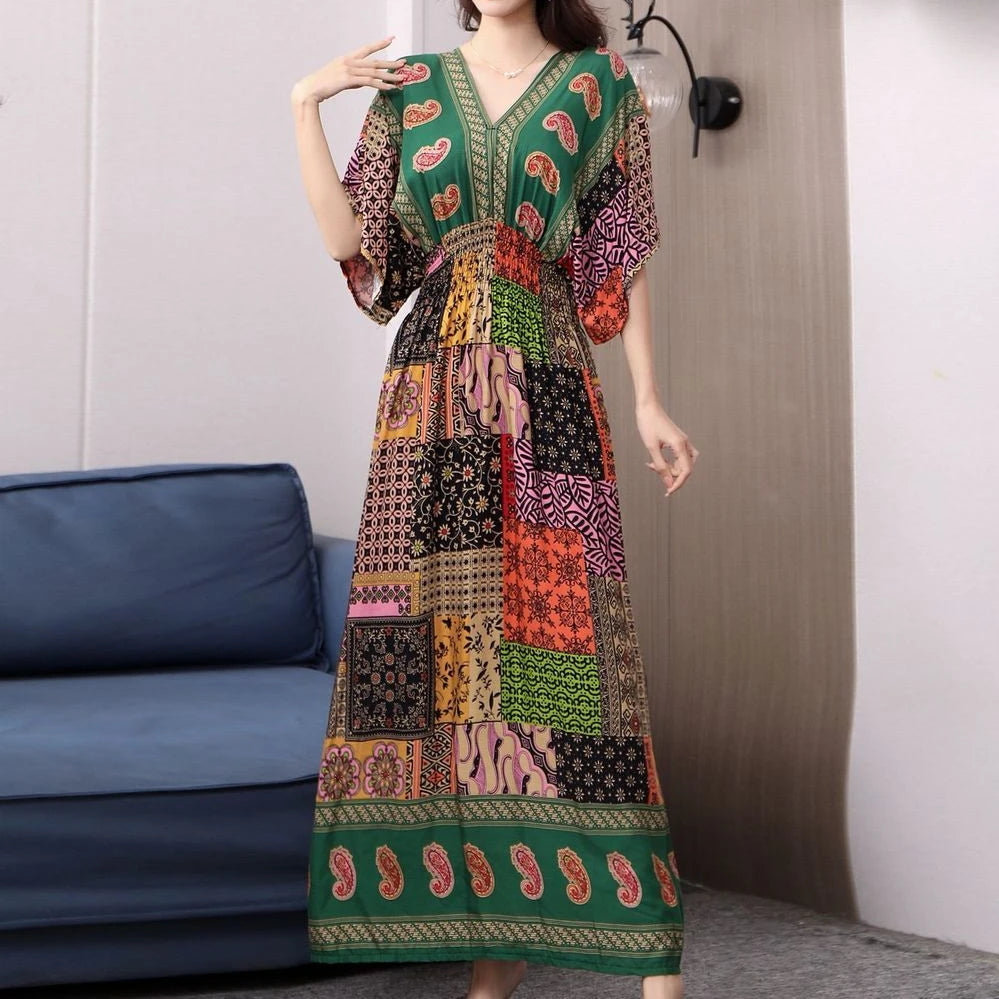 Casual Elegant Retro Bohemian National Style V-Neck Elastic  Waist Large Swing Printed Summer Long Skirt Woman Dress Clothes