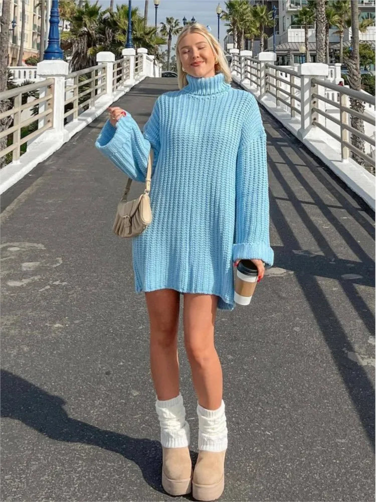 2025 Autumn Winter Blue Sweater Dress Fashion High Collar Knit Short Dress Loose Straight Solid Flare Sleeve Casual Women Dress