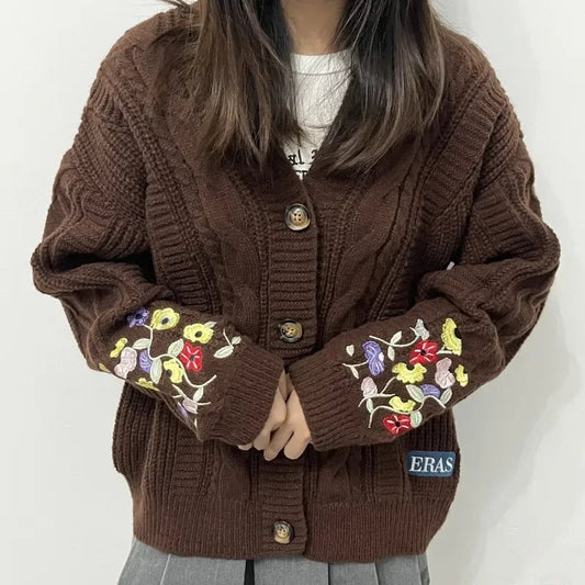 2025 Plus Size Eras Cardigan For Women Autumn Winter Flower Embroidered Knitted Sweater Y2K Girl Vintage Fashion Cardigans Tops