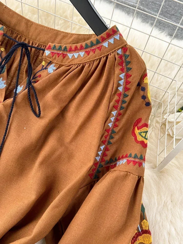 Women Spring Autumn Dress Vintage Ethnic Style Lantern Long Sleeve Embroidered Round Neck Slim A-Line Cotton Linen Dress D4930