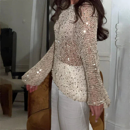 Fashion Women'S Sequins Knit Hollow Out Pullovers Loose O-Neck Long Sleeve Female Sweaters 2025 Spring Lady Shinny Chic Shirts