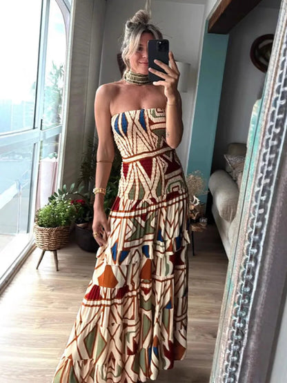 Fashion Printed Layered Curling Edge Patchwork Dresses Chic Full Sleeve Pleated U Neck Gown New Lady Vacation Highstreet Vestido