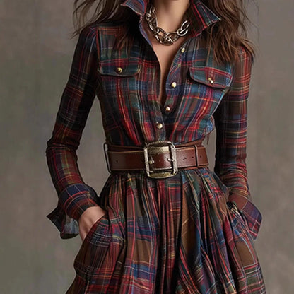 European American Women'S Shirt Maxi Dress Autumn Casual Long Sleeve Button Pocket Plaid Print Lapel Retro Long Dress Vestidos