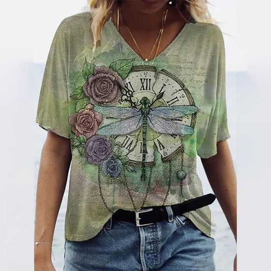 Women'S T-Shirts Summer Gradient Graphics Tops V Neck Fashion Female Vintage Clothing Floral Print Tees Loose Oversized T Shirts