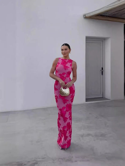 New Elegant Women Sleeveless 3D Flowers Party Dress Embroidery Mesh Slim Hip Package Female Fshion Maxi Dresses Robe