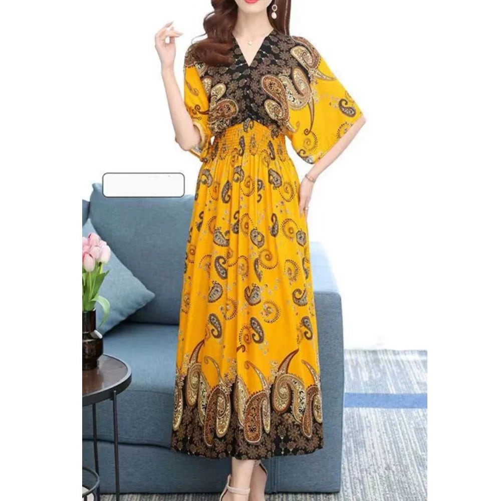 Casual Elegant Retro Bohemian National Style V-Neck Elastic  Waist Large Swing Printed Summer Long Skirt Woman Dress Clothes