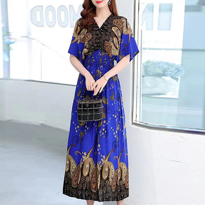 Casual Elegant Retro Bohemian National Style V-Neck Elastic  Waist Large Swing Printed Summer Long Skirt Woman Dress Clothes