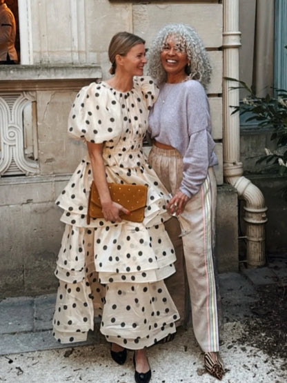 Chic Puffy Layered Ruffles Polka Dot Print Skirt Sets Women Elegant O-Neck Bubble Short Sleeve Tops Suit Lady Evening Partywear