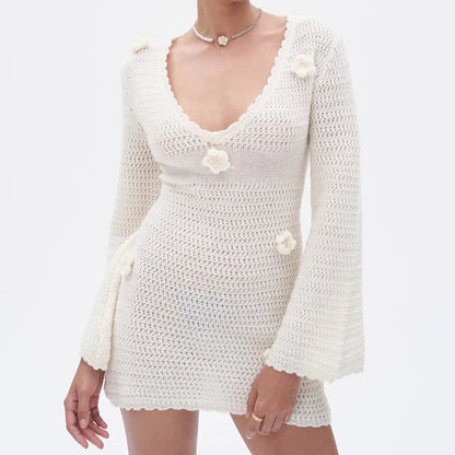 3D Flower Hand Crotch Full Flare Sleeve Sweater Dress