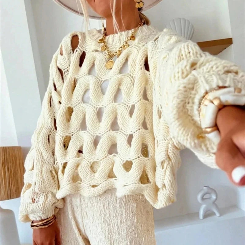 Sexy Hollow Out Long Sleeved Knitted Sweater Summer Beach O-Neck Crochet Pullover Casual Solid Color Women'S Loose Top Blouses