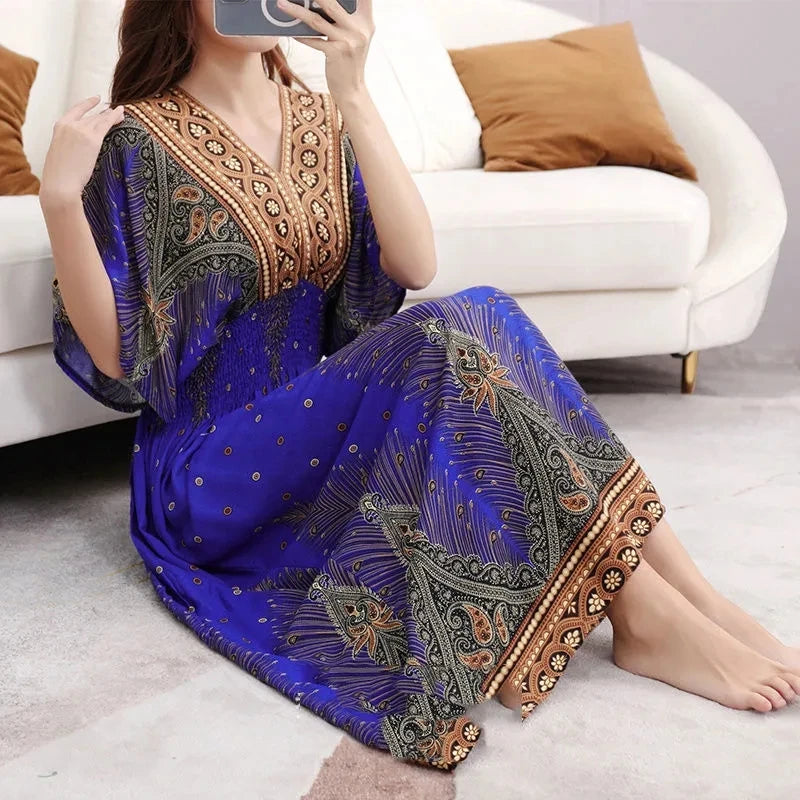Casual Elegant Retro Bohemian National Style V-Neck Elastic  Waist Large Swing Printed Summer Long Skirt Woman Dress Clothes