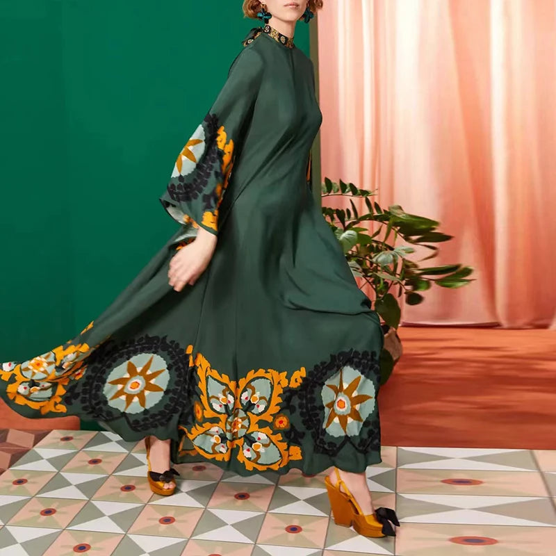 Ethnic Retro Spring Print Boho Long Dress Women Sexy Stand Collar Lace-Up Party Dress Fall Long Sleeve Loose Ladies Maxi Dresses