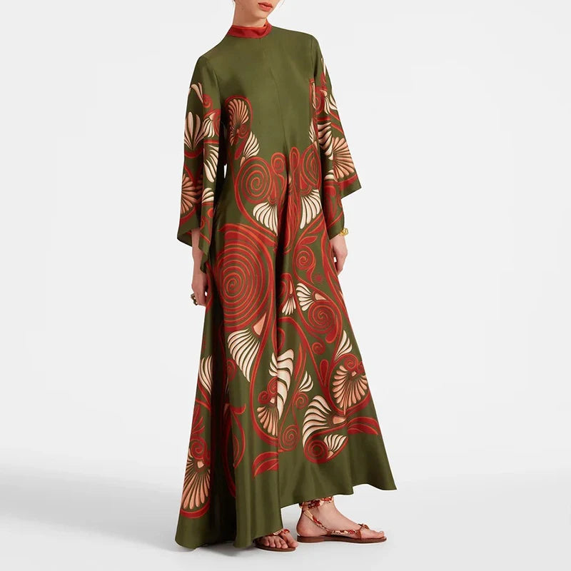 Ethnic Retro Spring Print Boho Long Dress Women Sexy Stand Collar Lace-Up Party Dress Fall Long Sleeve Loose Ladies Maxi Dresses