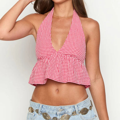 Bohemian Plaid Babydoll Tank Tops Coquette Tie-Up Halter Neck Sleeveless Vest Summer Backless Crop Tops Women Holiday Streetwear