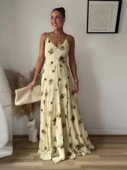 Yellow Print V Neck Sling Maxi Dresses Elegant Sleeveless Backless High Waist Pleated Long Dress Lady New Summer Commute Robes