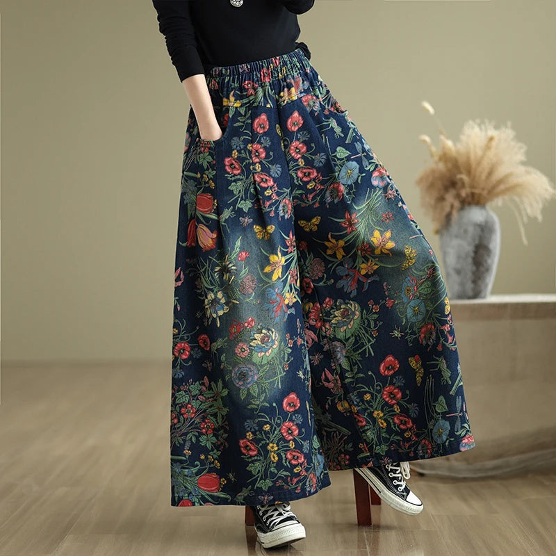 Plus Size Denim Wide Leg Pants Women'S Autumn Winter New Print Elastic Loose Slimming Casual Straight Cut Commute Sle High ...