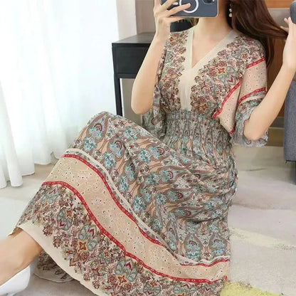 Casual Elegant Retro Bohemian National Style V-Neck Elastic  Waist Large Swing Printed Summer Long Skirt Woman Dress Clothes