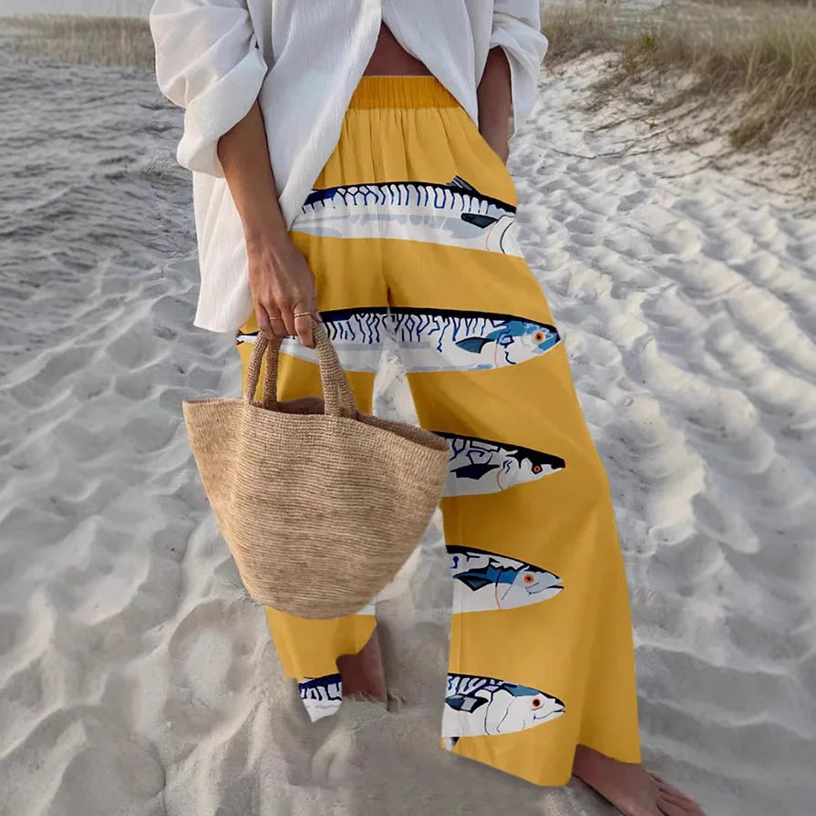 Ladies Beach Pants High Quality Pure Cotton Fabric Blue Fish Graphic Printing Chic Trend Fashion New Loose Wide Leg Trousers
