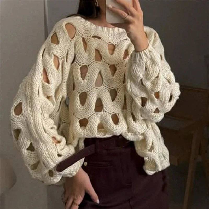 Sexy Hollow Out Long Sleeved Knitted Sweater Summer Beach O-Neck Crochet Pullover Casual Solid Color Women'S Loose Top Blouses