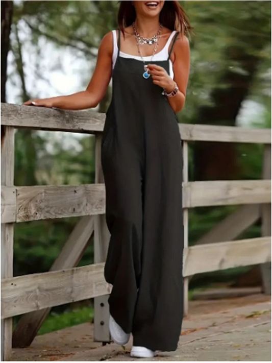 Women'S Sleeveless Jumpsuit With Suspender Loose Casual Pocket Monochromatic Summer