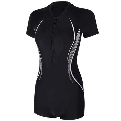 Women One Piece Waterproof Athletic Sun Protection Beach Swimwear Short Sleeve Quick-Drying Bathing Surfing Swimsuit