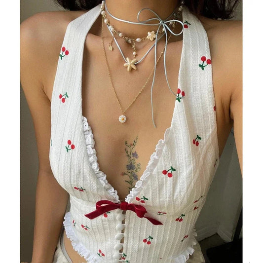 Wheremery Korean Fashion Print Halter Camis Tank Tops Summer Knitted Slim Fit Tank Top High Street Commuter Casual Women'S Wear