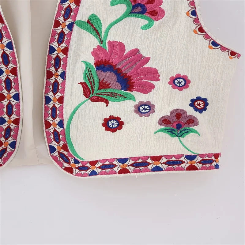 Women Vintage Floral Embroidered Open Waistcoat Ladies National Style Vest Jacket Outfits Casual Vacation Crop Top