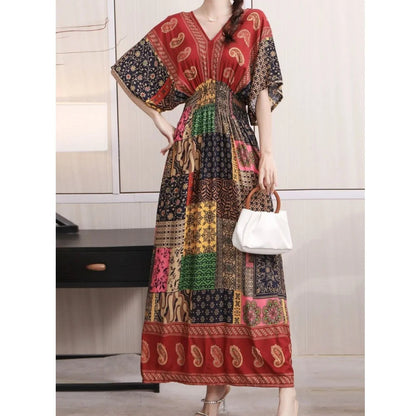 Casual Elegant Retro Bohemian National Style V-Neck Elastic  Waist Large Swing Printed Summer Long Skirt Woman Dress Clothes