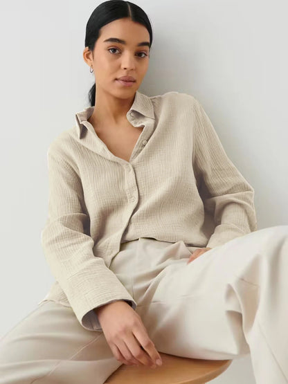 Bornladies 2025 Women'S Spring Summer 100% Cotton Shirts Office Lady  Fashionable Solid Lady Long Sleeve Loose Tops Crepe Shirts
