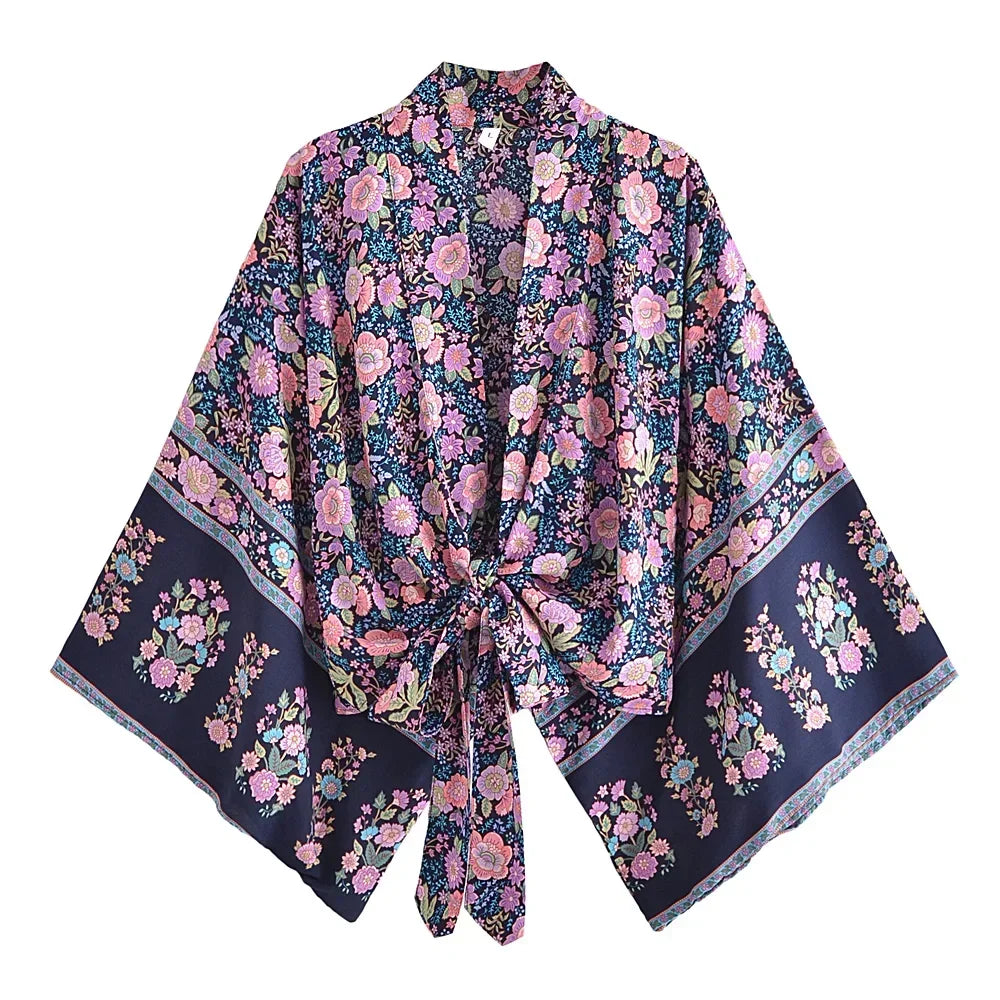 Happie Queens Floral Print Sashes Short  Kimono Women Fashion V Neck Batwing Sleeves Robe Lady Boho Bikini Cover-Ups