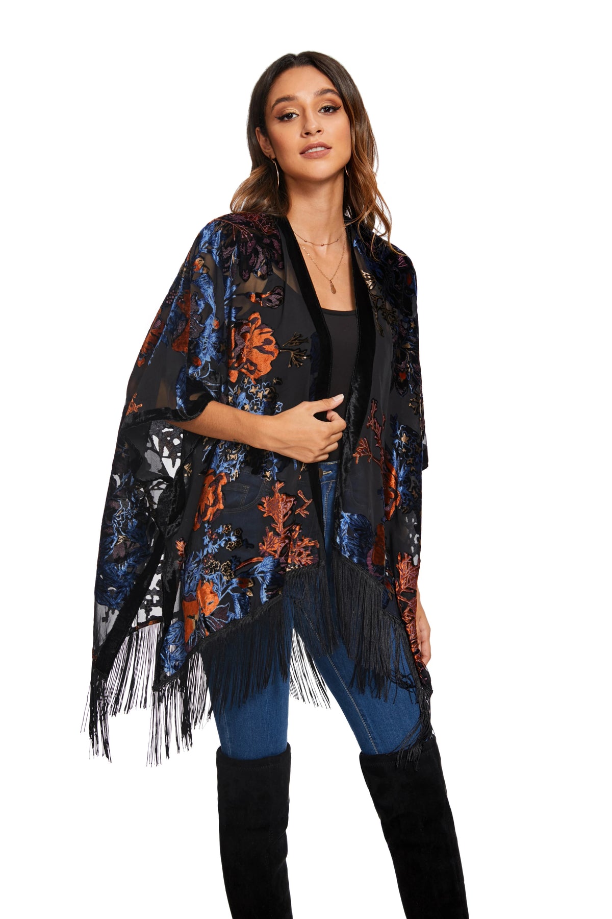 Wehello Bohemian Burnt Plush Kimono Women'S Long Purple Tassel Beach Cover-Up  Holiday Casual Cardigan Shawl Jypf-20