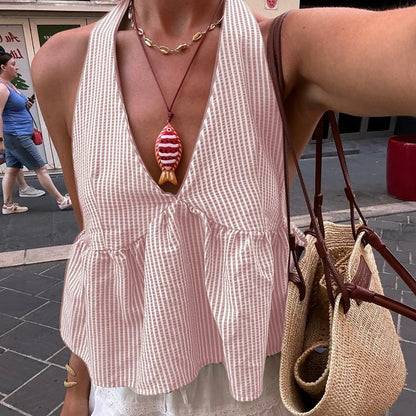 Bohemian Plaid Babydoll Tank Tops Coquette Tie-Up Halter Neck Sleeveless Vest Summer Backless Crop Tops Women Holiday Streetwear