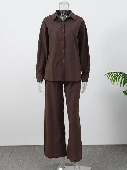 Summer Brown Cotton Linen Loose Pants Sets Fashion V-Neck Lace Up Long Sleeve Shirt Suit 2025 New Women'S Casual 2 Piece Outfits